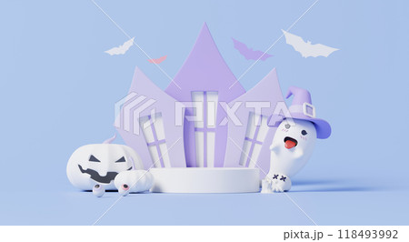 3D render, Happy Halloween party with stage podium decorate with spooky house, ghost, pumpkin and bat in minimal style on pastel purple background. 118493992