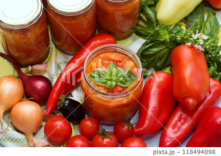 Homemade canned tomato and pepper salsa sauce. Homemade canned tomato and pepper salsa sauce. 118494098