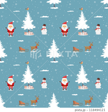 Winter holiday seamless pattern with Santa Claus celebrate party on winter night Winter holiday seamless pattern with Santa Claus celebrate party on winter night 118494121