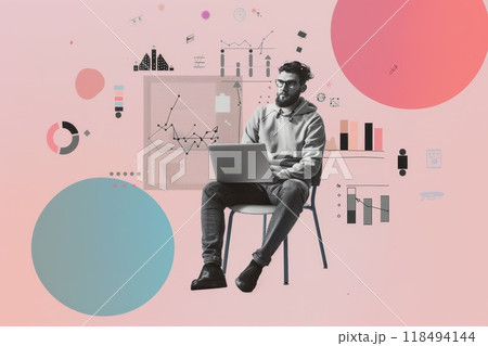 Digital freelance collage. Startup development and education skill. Man working on laptop. Finance market research. Freelance worker, office career. Creativity programmer with computer Digital freelance collage. Startup development and education skill. Man working on laptop. Finance market research. Freelance worker, office career. Creativity programmer with computer 118494144