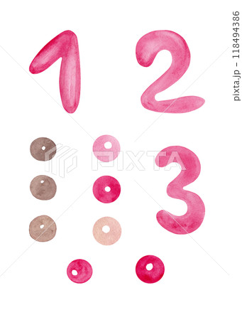 Modern numbers 1, 2, 3. Small beads. Watercolor isolated elements. Pink and beige tones. Excellent design for any purpose Modern numbers 1, 2, 3. Small beads. Watercolor isolated elements. Pink and beige tones. Excellent design for any purpose 118494386