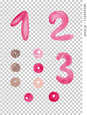 Modern numbers 1, 2, 3. Small beads. Watercolor isolated elements. Pink and beige tones. Excellent design for any purpose Modern numbers 1, 2, 3. Small beads. Watercolor isolated elements. Pink and beige tones. Excellent design for any purpose 118494386