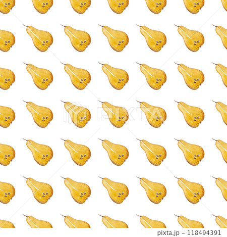 Ripe pear halves. Watercolor yellow fruits. Sweet healthy dessert. Summer illustration. Seamless pattern for your design Ripe pear halves. Watercolor yellow fruits. Sweet healthy dessert. Summer illustration. Seamless pattern for your design 118494391