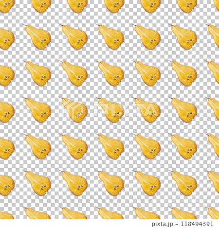 Ripe pear halves. Watercolor yellow fruits. Sweet healthy dessert. Summer illustration. Seamless pattern for your design Ripe pear halves. Watercolor yellow fruits. Sweet healthy dessert. Summer illustration. Seamless pattern for your design 118494391