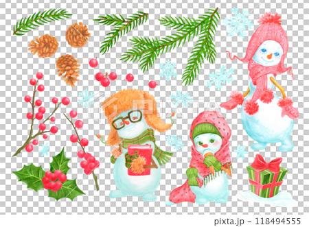 Set of winter characters and elements. Cute watercolor snowmen, coniferous tree branches, holly twigs and berries, pine cones, snowflakes and gift. Isolated objects for season and Christmas designs 118494555
