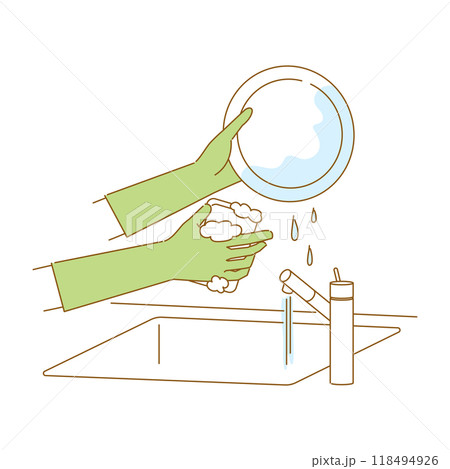 しもやけの対策:ゴム手袋を着けて食器を洗うイメージイラスト しもやけの対策:ゴム手袋を着けて食器を洗うイメージイラスト 118494926