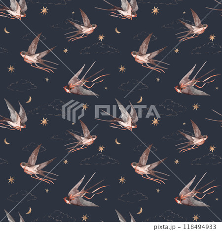 Beautiful seamless pattern with hand drawn watercolor swallows. Martin birds. Stock illustration. Beautiful seamless pattern with hand drawn watercolor swallows. Martin birds. Stock illustration. 118494933