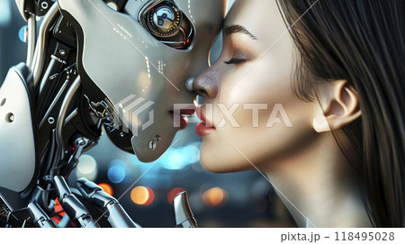Cyborg and a human woman share a kiss against a backdrop of blurred blue and orange lights 118495028