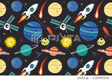 Vector illustration of space themed seamless pattern with planets, rockets, satellites, and stars. Bright cosmic elements like suns, spaceships for educational materials and children books 118495038