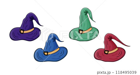 Wizard or witch hats with stylish Belt for magical character. Purple, blue, red, green colors. Vector illustration magic, Halloween, esotericism Theme. 118495039