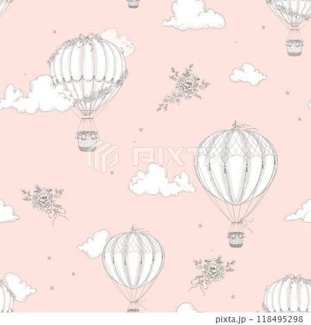 Beautiful seamless pattern with hand drawn air balloons and clouds. Stock illustration. Ready print design. 118495298