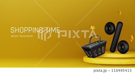 3D shopping basket with percentage symbol isolated. Render realistic shopping cart and colorful percent sign. Sale discount or clearance. Online or retail shopping. Vector illustration 118495413