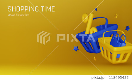 Shopping cart full of gifts. Realistic 3d gift boxes fly and fall to shopping cart. Vector illustration Shopping cart full of gifts. Realistic 3d gift boxes fly and fall to shopping cart. Vector illustration 118495425