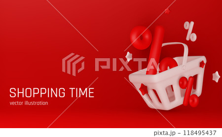 3D shopping basket with percentage symbol isolated. Render realistic shopping cart and colorful percent sign. Sale discount or clearance. Online or retail shopping. Vector illustration 118495437