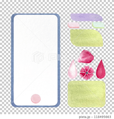 An mobile app constructor with panels and buttons, a pink petal and blood drop for tracking menstrual periods, watercolor set isolated on white. Great for menstrual care design, woman's health blogs 118495663