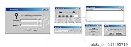 Old user interface windows. Retro loading window. Open file panel in blue. 118495710