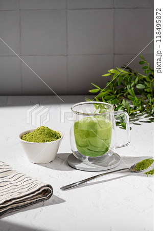 Spirulina, matcha green immunity powder. Food supplement. Spirulina, matcha green immunity powder. Food supplement. 118495872