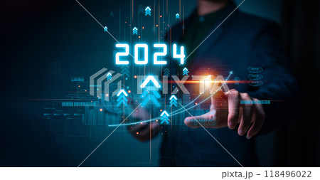 Businessman touching increase arrow graph corporate future growth year 2023 to 2024. New Goals with Plans and Visions for Next Year 2024, Opportunity, challenge and business strategy. 118496022