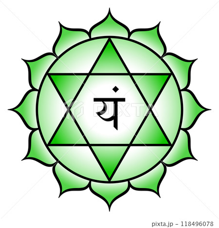 Heart chakra Anahata. The sound of the celestial realm. Fourth chakra located in the central spine channel near the heart. Green lotus with 12 petals, a hexagram, and seed syllable Yam for tattva air. Heart chakra Anahata. The sound of the celestial realm. Fourth chakra located in the central spine channel near the heart. Green lotus with 12 petals, a hexagram, and seed syllable Yam for tattva air. 118496078