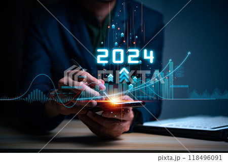 Businessman touching increase arrow graph corporate future growth year 2023 to 2024. New Goals with Plans and Visions for Next Year 2024, Opportunity, challenge and business strategy. 118496091