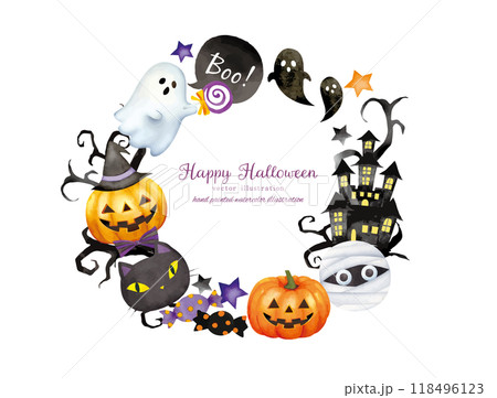 水彩手書きタッチのハロウィンモチーフのかわいいフレームデザイン 118496123