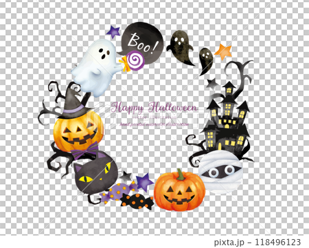 水彩手書きタッチのハロウィンモチーフのかわいいフレームデザイン 118496123