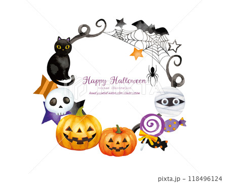 水彩手書きタッチのハロウィンモチーフのかわいいフレームデザイン 水彩手書きタッチのハロウィンモチーフのかわいいフレームデザイン 118496124