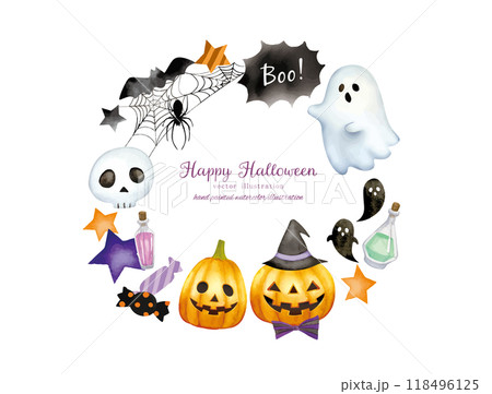 水彩手書きタッチのハロウィンモチーフのかわいいフレームデザイン 118496125