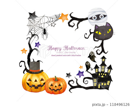 水彩手書きタッチのハロウィンモチーフのかわいいフレームデザイン 水彩手書きタッチのハロウィンモチーフのかわいいフレームデザイン 118496126