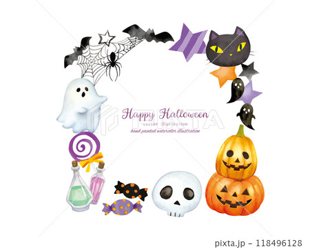 水彩手書きタッチのハロウィンモチーフのかわいいフレームデザイン 118496128
