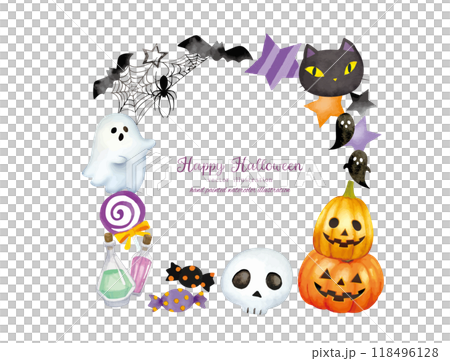 水彩手書きタッチのハロウィンモチーフのかわいいフレームデザイン 118496128