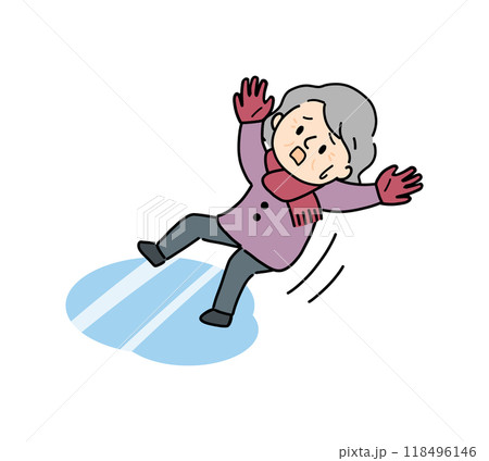 路面凍結により転倒する高齢の女性 118496146