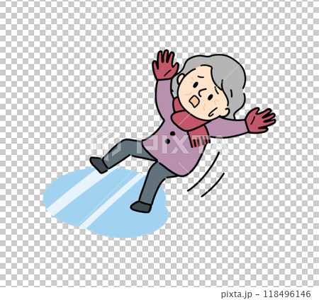 路面凍結により転倒する高齢の女性 118496146