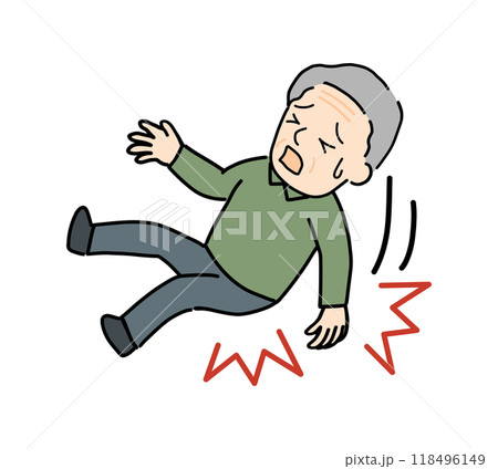 後ろに転倒して尻もちをつくシニア男性 後ろに転倒して尻もちをつくシニア男性 118496149