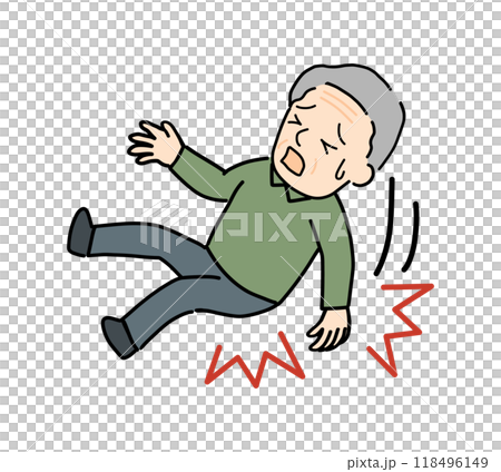 後ろに転倒して尻もちをつくシニア男性 後ろに転倒して尻もちをつくシニア男性 118496149