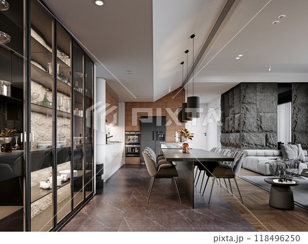 Contemporary kitchen and dining area with a sleek design, featuring a glass cabinet, pendant lights, and natural stone wall. Front view enhances the spacious layout. Contemporary kitchen and dining area with a sleek design, featuring a glass cabinet, pendant lights, and natural stone wall. Front view enhances the spacious layout. 118496250