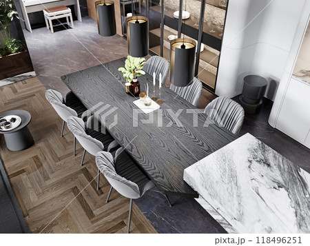 Close-up of a modern dining table with textured wood finish, elegant chairs, and stylish pendant lights. Overhead view highlights refined design details. Close-up of a modern dining table with textured wood finish, elegant chairs, and stylish pendant lights. Overhead view highlights refined design details. 118496251