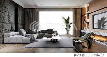 Luxurious living room with a modern aesthetic, featuring a large sofa, marble fireplace, and natural light through wide windows. Elegant and inviting ambiance. 118496254