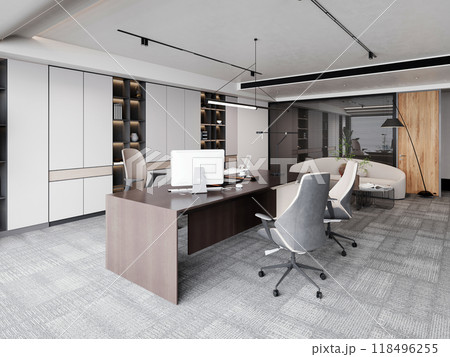 Modern office space with sleek furniture, ample storage, and minimalist design. Open layout with natural light creates a professional yet inviting atmosphere. 118496255