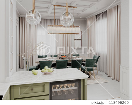Elegant kitchen and dining area with classic design, featuring green cabinetry, a wine cooler, and sophisticated lighting. Open and bright space with a timeless appeal. 118496260
