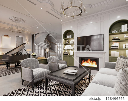 Elegant living room with a grand piano, spiral staircase, and a fireplace. Classic decor with built-in shelving and luxurious furnishings, creating a warm, sophisticated ambiance. 118496263