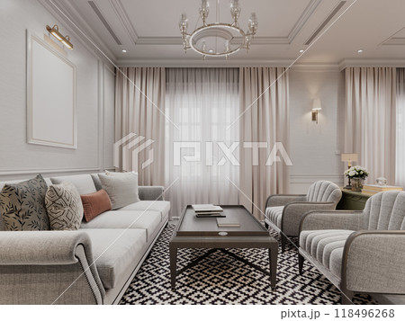 Cozy living room with classic furniture, soft drapes, and a chandelier. Elegant design featuring textured fabrics, neutral tones, and a welcoming, tranquil atmosphere. 118496268