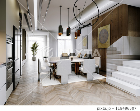 Open-plan dining area with contemporary furnishings, wooden accents, and modern lighting. Bright and airy with a minimalist design that emphasizes elegance and functionality. 118496307