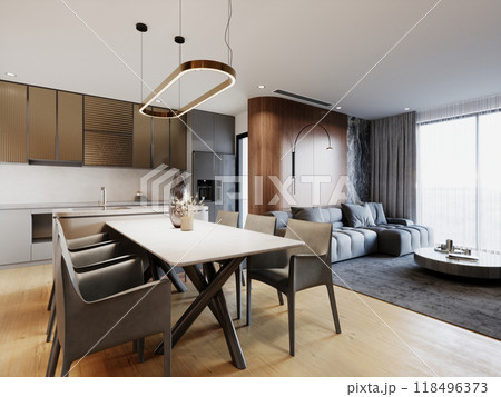 Elegant dining room with modern furniture, minimalist wooden table, contemporary chairs, sleek lighting fixtures, and glass cabinets in a stylish open layout 118496373