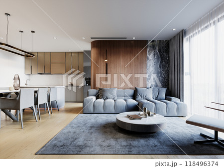 Modern dining and living room with minimalist design, contemporary furniture, open space layout, stylish lighting, wooden accents, and neutral color palette, blending functionality and elegance Modern dining and living room with minimalist design, contemporary furniture, open space layout, stylish lighting, wooden accents, and neutral color palette, blending functionality and elegance 118496374