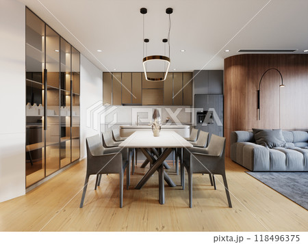 Spacious living and dining area with contemporary design, comfortable seating, stylish decor, wood panel accents, open-plan layout, and large windows for natural light 118496375