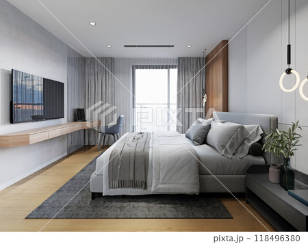 Modern bedroom with soft gray tones, wooden accents, minimalist furnishings, large windows, and cozy textiles for a calm and serene atmosphere Modern bedroom with soft gray tones, wooden accents, minimalist furnishings, large windows, and cozy textiles for a calm and serene atmosphere 118496380