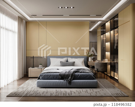Modern bedroom with soft yellow accent wall, blue upholstered bed, open wardrobe with glass doors, and a blend of natural textures for a stylish and serene space 118496382