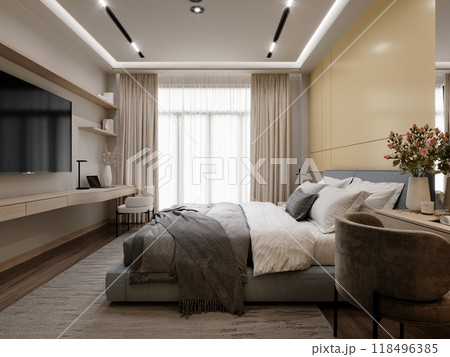 Elegant bedroom with light yellow accent wall, soft blue bed frame, natural wood furniture, and luxurious textures, creating a warm and inviting retreat 118496385