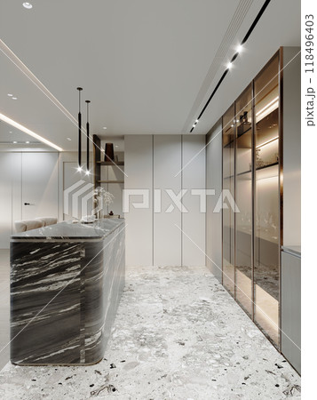 Minimalist kitchen with marble island, backlit cabinetry, and sleek white walls, creating a sophisticated and contemporary cooking space 118496403